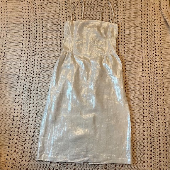 Charles Nolan White/Silver Linen Spaghetti Strap Straight Midi Dress Size 8 - Picture 1 of 11